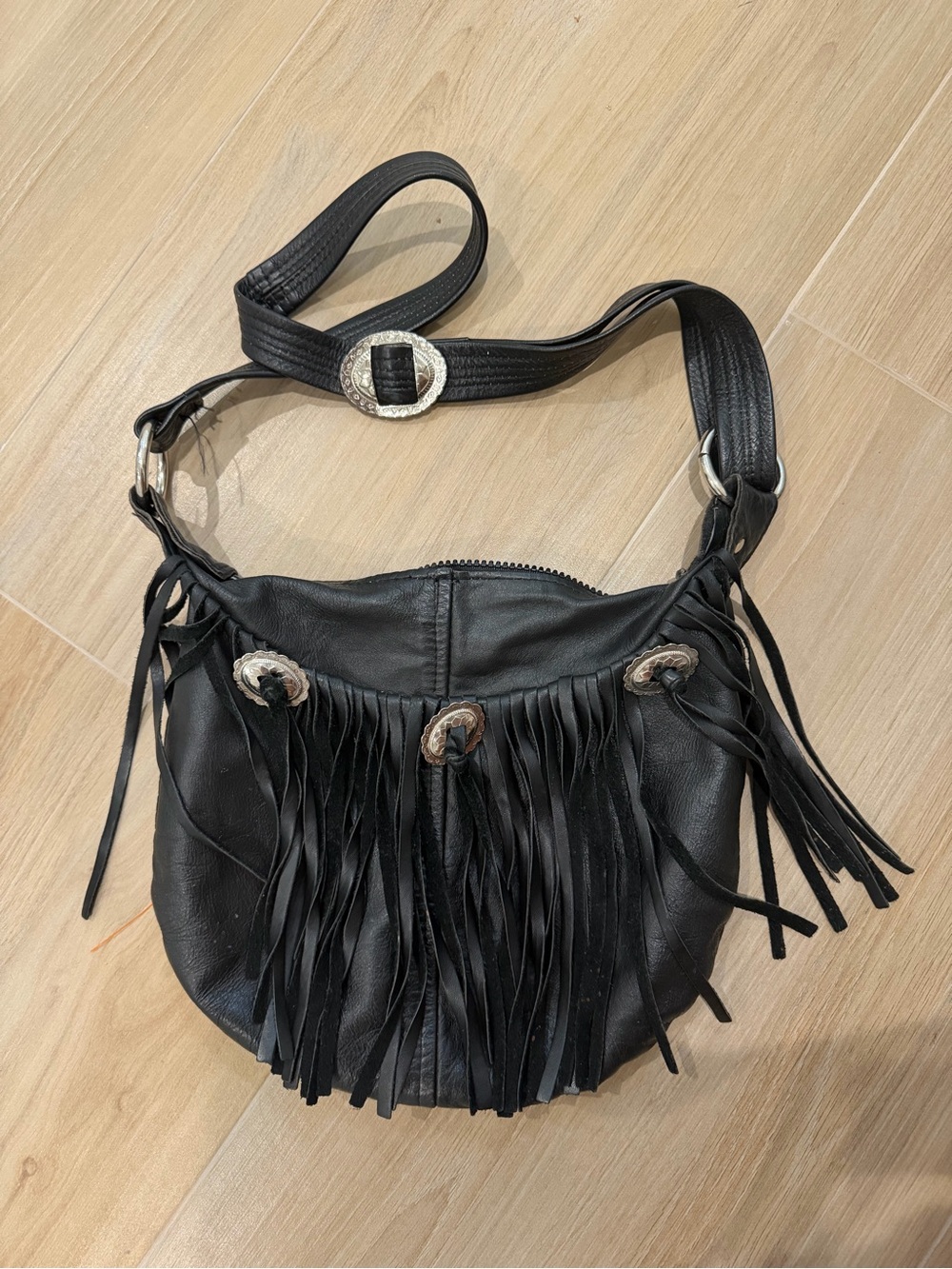 Vintage western boho Black Fringe Leather Crossbody Bag